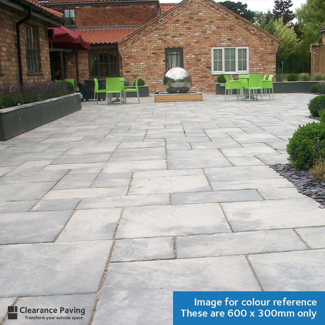 Brett Bronte paving slabs in Weathered Stone rectangular 600x300mm