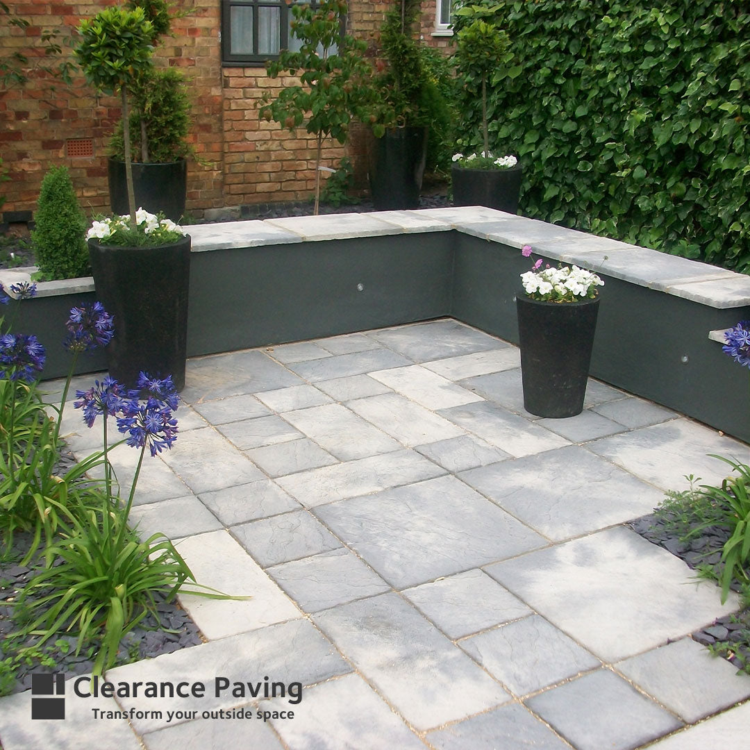 Brett Bronte patio pack paving slabs in Weathered Stone