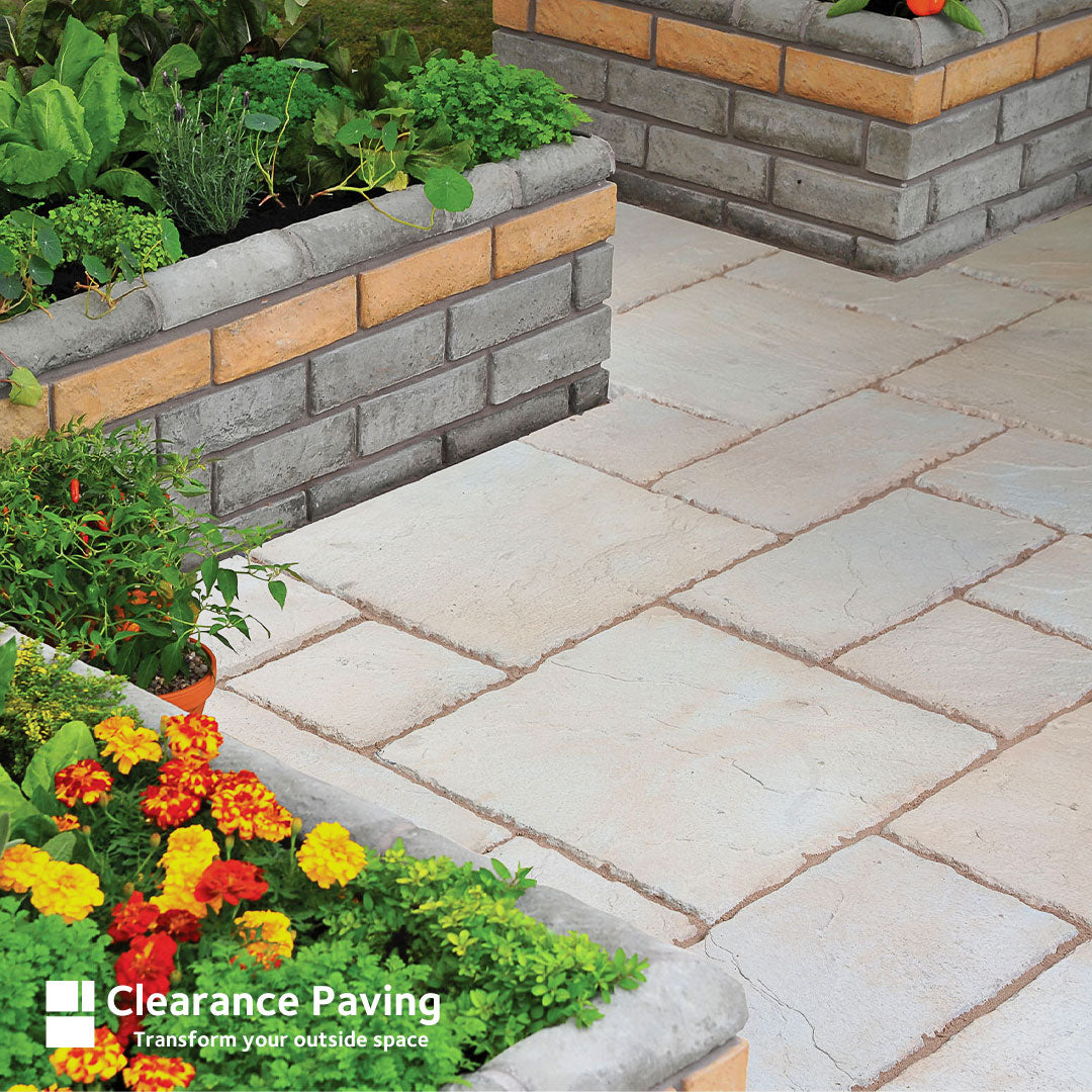 Brett Canterbury Mellow Amber garden paving slabs in mixed sizes