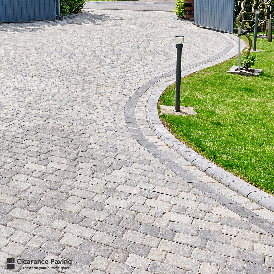 Brett Regatta Trio block paved driveway with raised kerb edging in Silver Haze 60mm