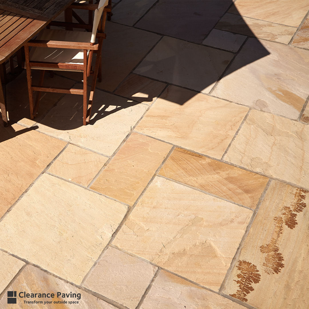 Indian Sandstone mixed sized paving slabs in Fossil Mint colour