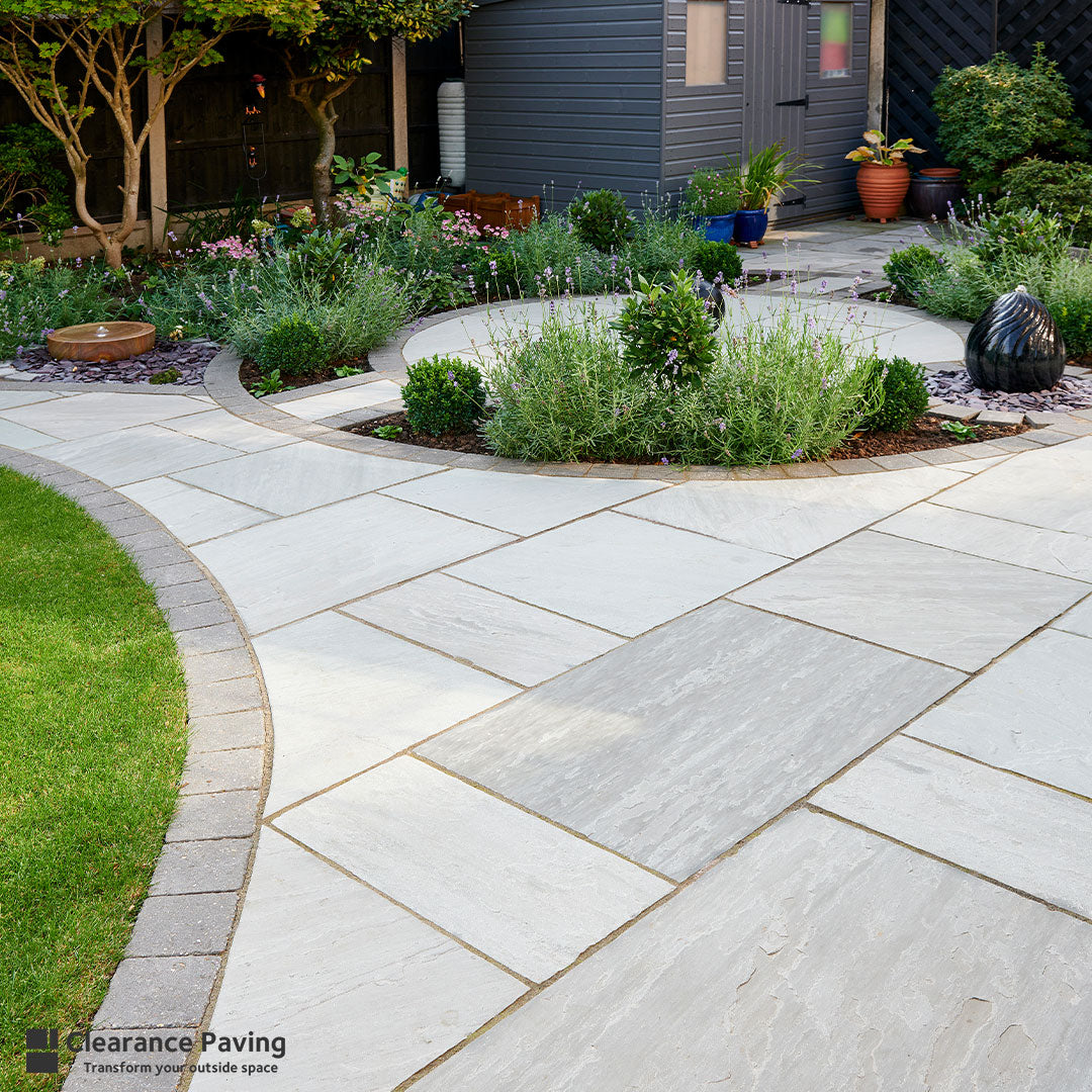Indian Sandstone mixed sized paving slabs in Mountain Mist colour