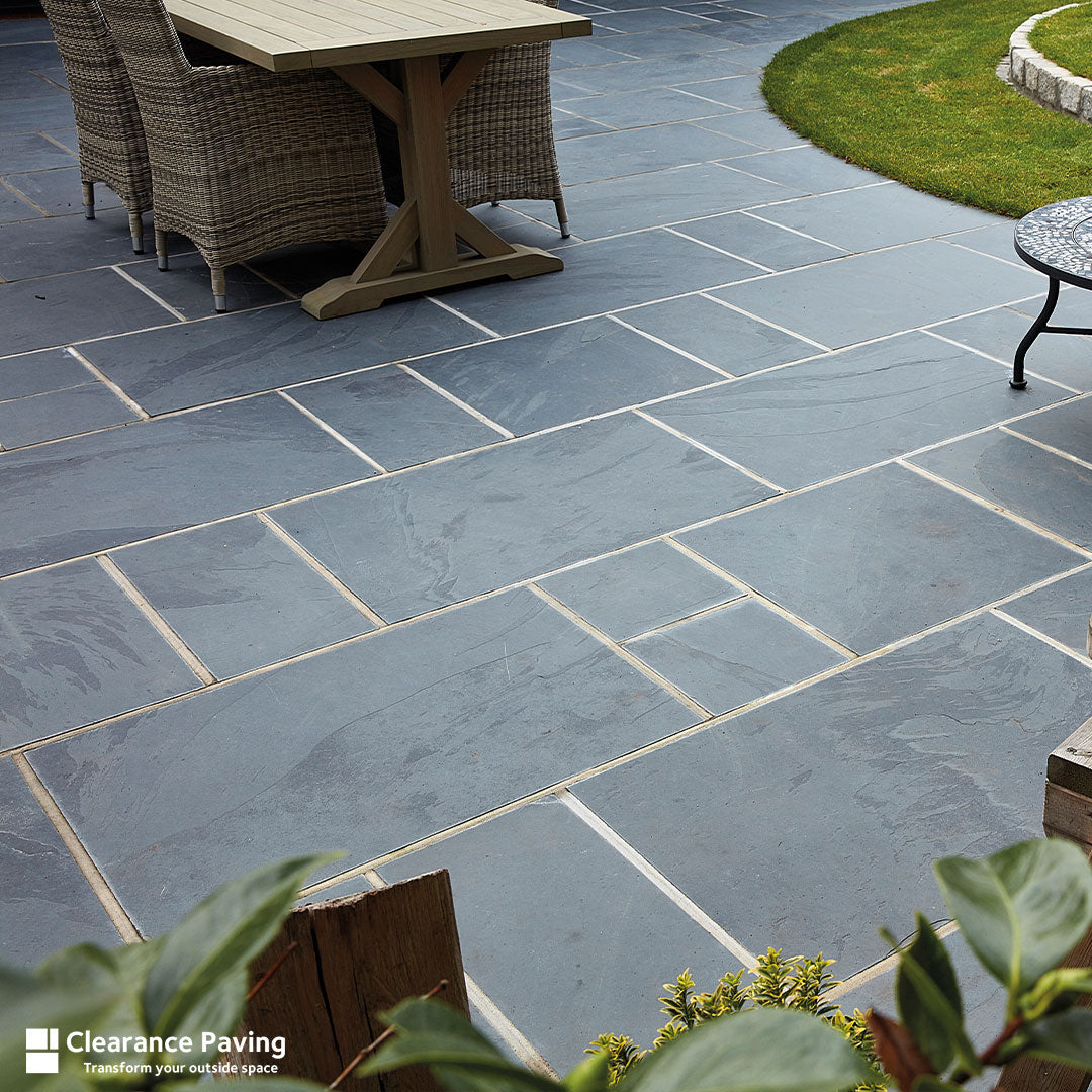 Brett Brazilian Slate garden paving in a dark Olive Black colour