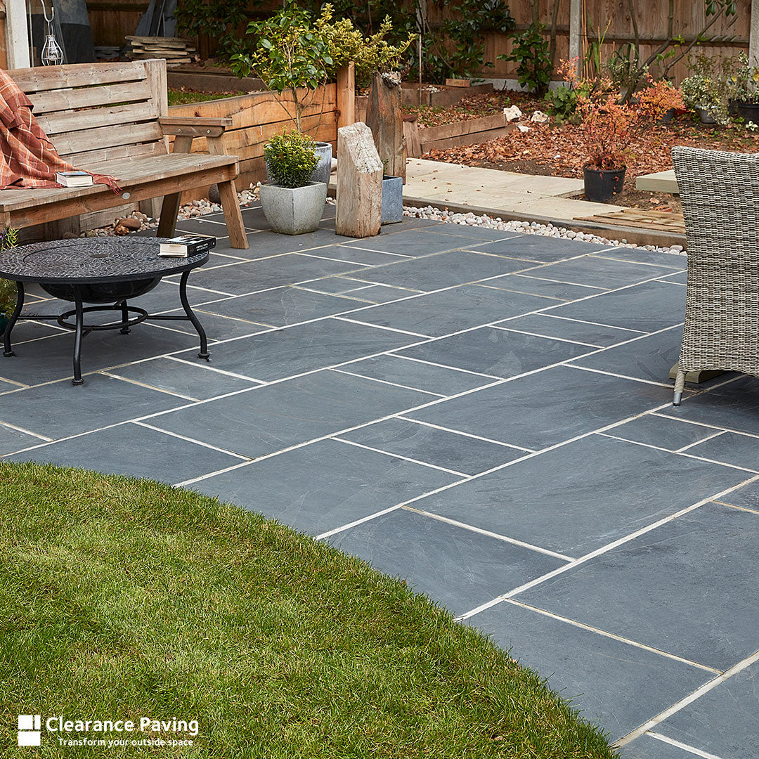 Brett Brazilian Slate paving against a lawned area