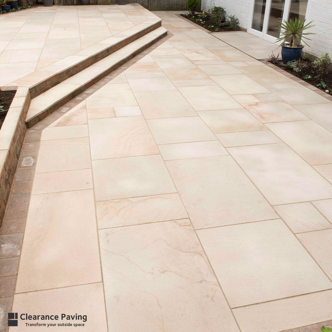 Brett Textured Sandstone garden paving in Rustic Pearl