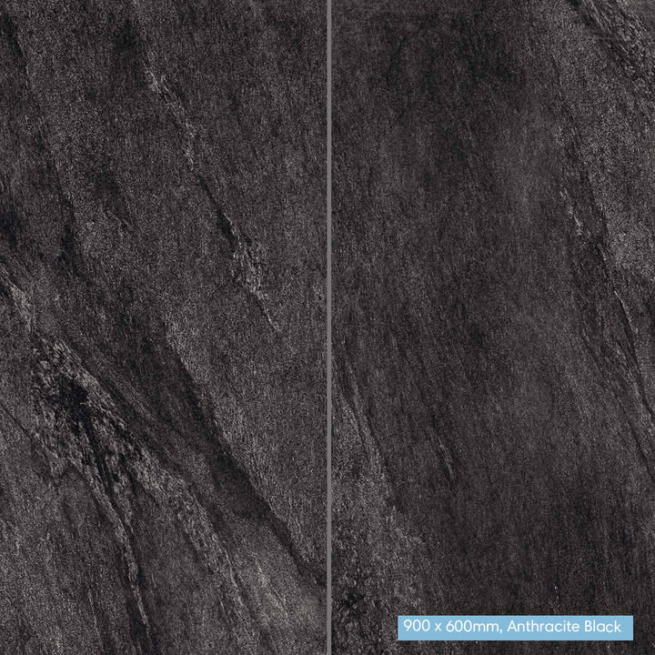 Two-panel close-up of a dark stone-look surface sample with a thin vertical seam and a small label reading 900 x 600mm, Anthracite Black.