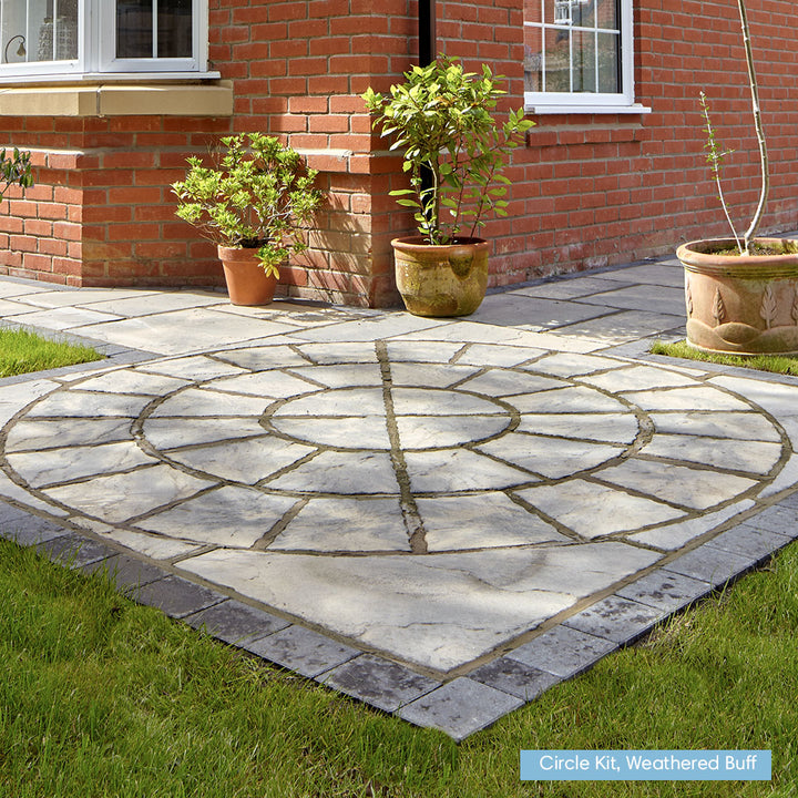 patio slabs; paving slabs for patios; garden slabs; slabs for garden; garden paving; circle kit; paving circle; circle feature; garden feature; circle slabs; corner paving; paving circle; decorative paving kit; paving circle slabs; garden edging; edging borders for gardens; garden accessories and decor; paving kerbs; kerbs; paving edging