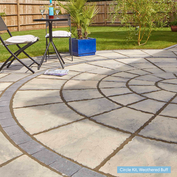 patio slabs; paving slabs for patios; garden slabs; slabs for garden; garden paving; circle kit; paving circle; circle feature; garden feature; circle slabs; corner paving; paving circle; decorative paving kit; paving circle slabs; garden edging; edging borders for gardens; garden accessories and decor; paving kerbs; kerbs; paving edging