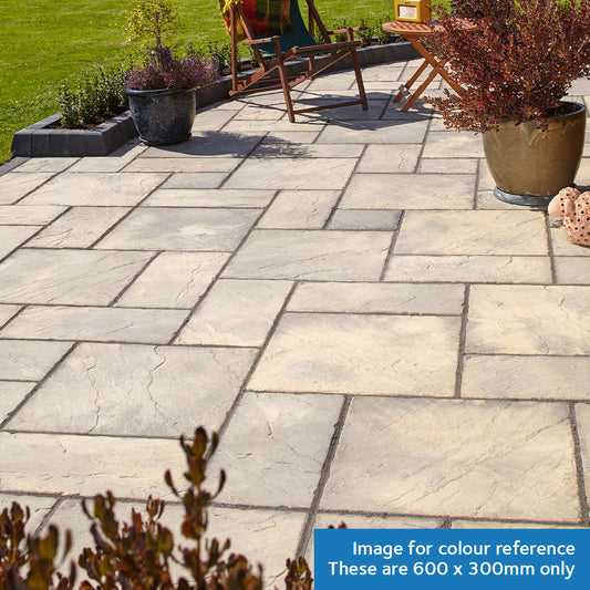 Brett Bronte rectangle patio slabs in Weathered Buff