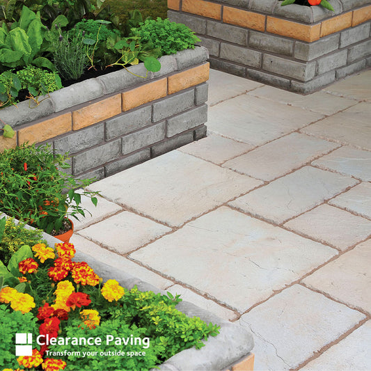 Brett Canterbury Mellow Amber garden paving slabs in mixed sizes