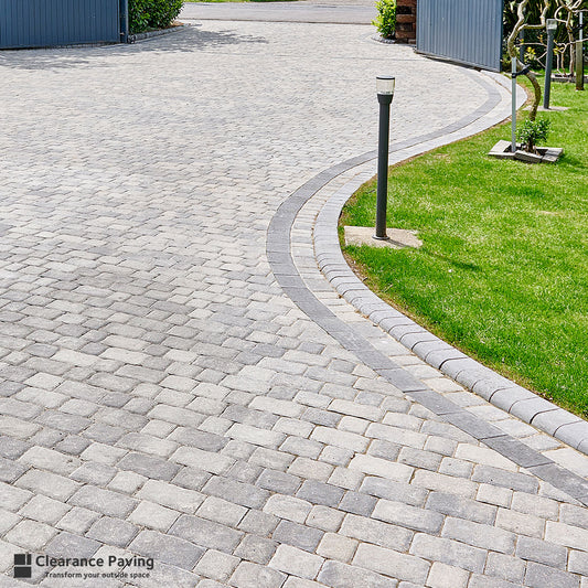 Brett Regatta Trio block paved driveway with raised kerb edging in Silver Haze 60mm