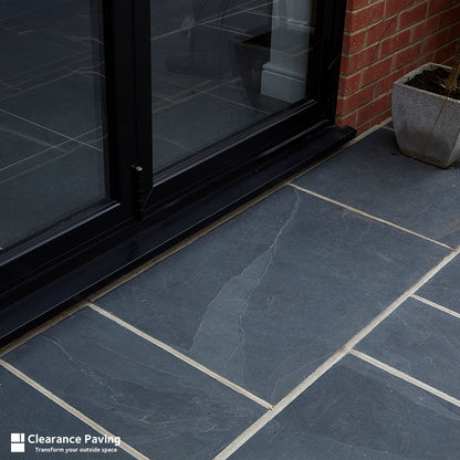 Brett Brazilian Slate paving slabs in Olive Black and mixed sized linear pack