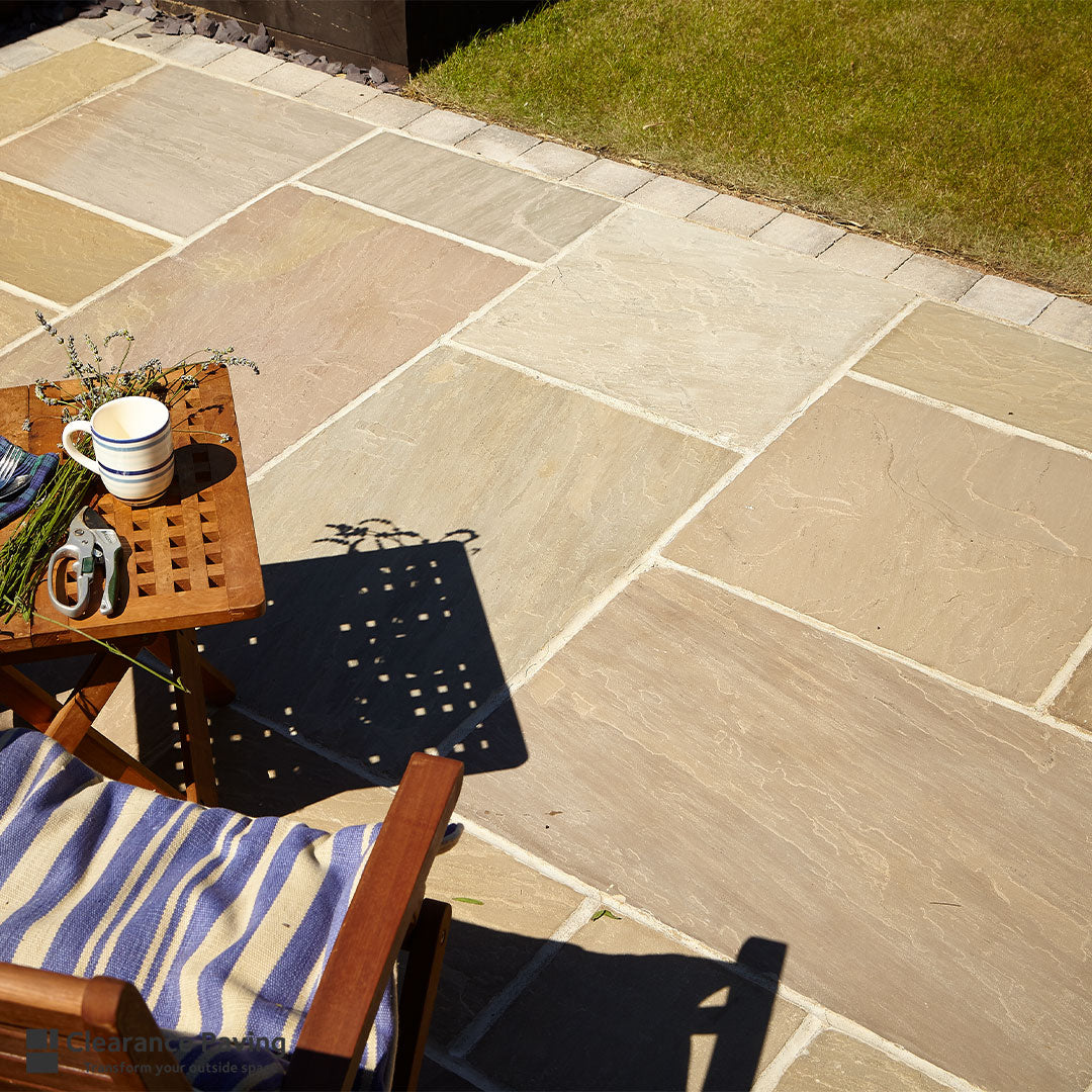 Indian Sandstone square garden patio slabs in Forest Glen in the sun